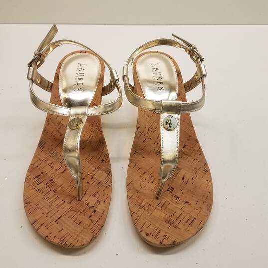 Lauren Ralph Reeta Gold Lauren Quark Leather Ankle Strap Wedge Sandal Shoes Size 9 B image number 6