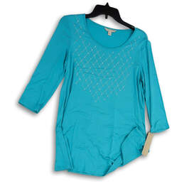 NWT Womens Blue 3/4 Sleeve Round Neck Beaded Pullover Tunic Top Size Small