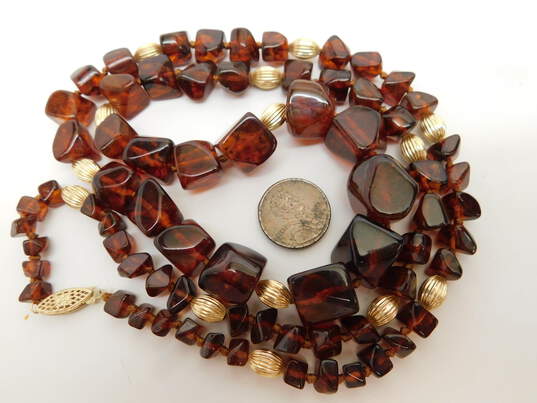 Vintage 14K Yellow Gold Graduated Cognac Amber Bead Necklace 42.5g image number 5