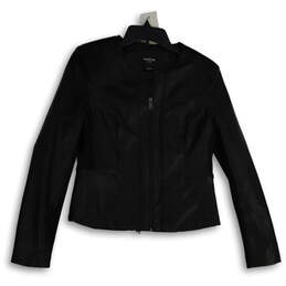 Womens Black Leather Collarless Long Sleeve Full-Zip Jacket Size Medium