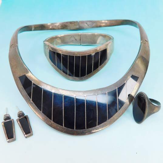 Vintage Taxco Mexican Modernist 925 Sterling Silver Onyx Inlay Drop Earrings Collar Necklace Ring & Bracelet 207.1g image number 1