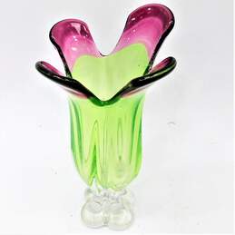 Vintage Murano Style Art Glass Green Purple Flower Four Petal Footed Vase alternative image