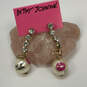 Designer Betsey Johnson Gold-Tone Rhinestone Bow Pearl Dangle Earrings image number 2