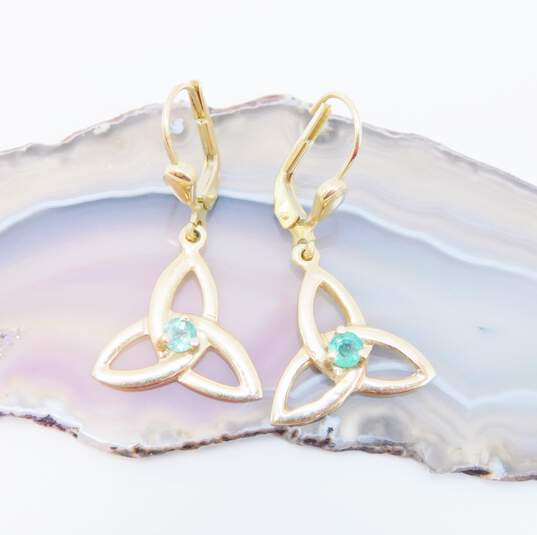 14K Yellow Gold Emerald Celtic Knot Dangle Earrings 2.8g image number 3