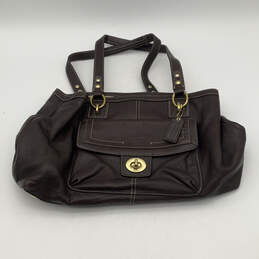 Womens Brown Leather Bottom Studs Inner Pocket Turnlock Shoulder Bag