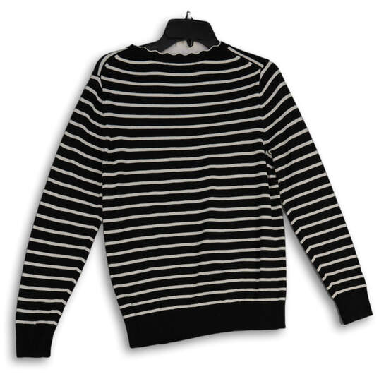 Womens Black White Striped Tight-Knit Crew Neck Pullover Sweater Size M image number 2