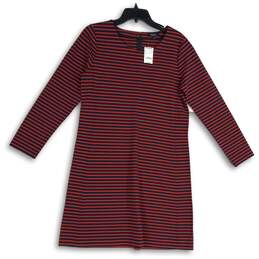 NWT Madewell Womens Red Navy Blue Striped Crew Neck Back Zip Sheath Dress Size L