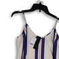 NWT Womens White Blue Striped V-Neck Spaghetti Strap Waist Tie Mini Dress 4 image number 3