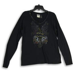 Womens Black Printed Knitted Long Sleeve V-Neck Pullover T-Shirt Size XL