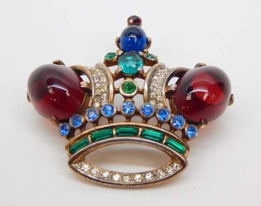 Vintage Alfred Philippe Crown Trifari Sterling 925 Vermeil Jewel Tone Glass Cabochons & Rhinestones Crown Brooch 23.7g image number 1