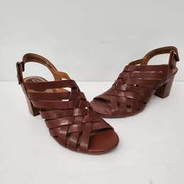 Clarks Artisan Ralene Brown Leather Woven Block Heels Peep Toe Sandals Size 8 M alternative image