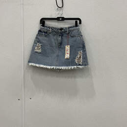 NWT Womens Blue Medium Wash Raw Hem Mini Skirt With Metal Cut Outs Size 26