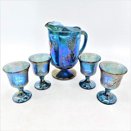 Vintage Carnival Blue Glass Pitcher and 4 Glasses Indiana Iridescent Grape image number 1