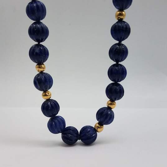 Endless 14k Gold Carved Lapis Beaded Necklace 122.9g image number 4