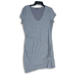 Athleta Womens Gray Striped Ruched Scoop Neck Short Sleeve Mini Dress Size Large