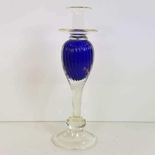 Murano Candle Stick / Blown Art Glass / Cobalt Blue w/ Gold Accents image number 3