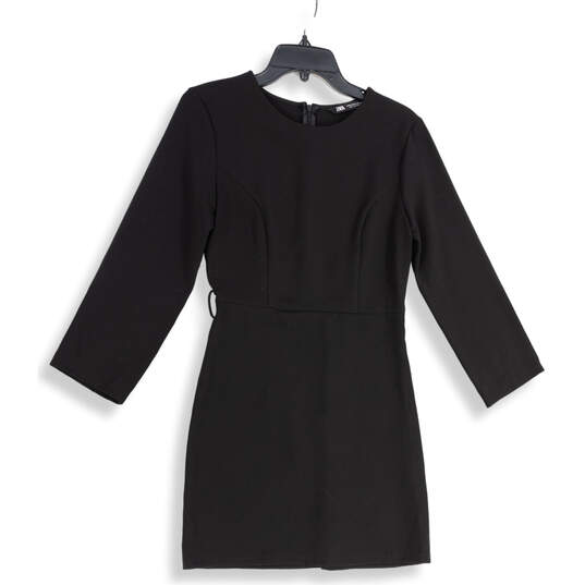 Womens Black Long Sleeve Round Neck Back Zip Sheath Dress Size Medium image number 1