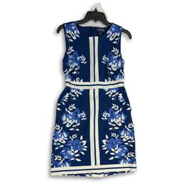 Lands' End Womens Blue White Floral Round Neck Sleeveless Shift Dress Size 4P