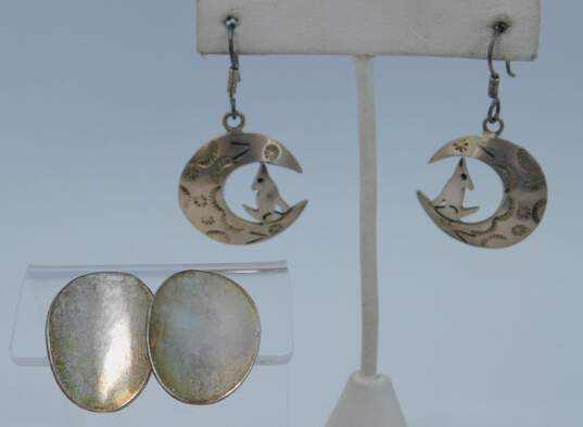 Taxco 925 Geometric Post Back Earrings & Figural Wolf & Moon Earrings 20.4g image number 1
