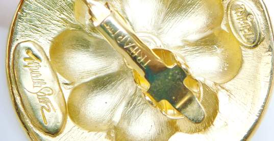 Trifari Marcella Saltz Goldtone Flower Textured Disc Clip On Statement Earrings image number 4