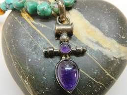 Artisan 925 Amethyst Cabochons Unique Cross Pendant Serpentine Carnelian & Faux Turquoise Granulated Beaded Toggle Necklace 31g alternative image