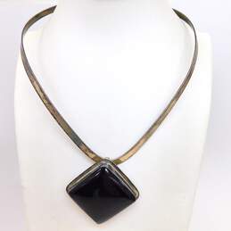 Artisan Taxco Sterling Silver Chunky Onyx Brooch Pendant Collar Necklace 62.5g