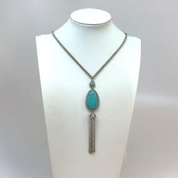 Designer Lucky Brand Silver-Tone Turquoise Stone Tassel Pendant Necklace