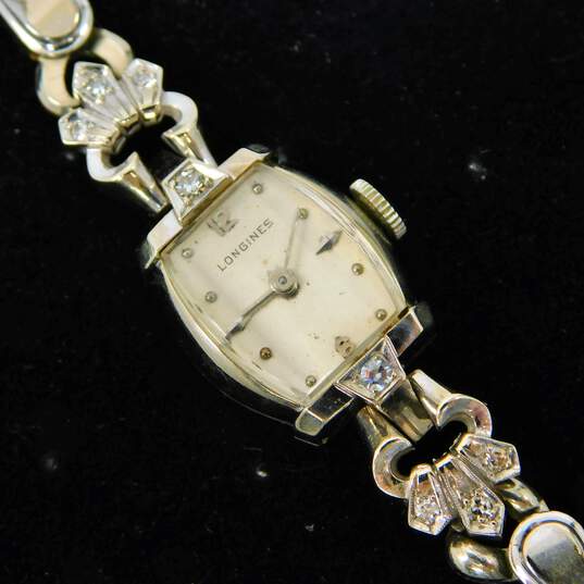 Ladies Vintage Longines 14K Gold 0.12 CTTW Diamond Case GF Band 17 Jewels Wrist Watch 14.2g image number 2