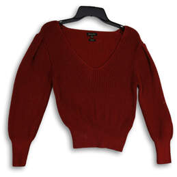 Womens Red Knitted V-Neck Long Sleeve Pullover Sweater Size Small