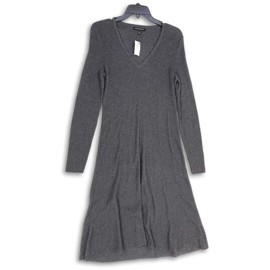 NWT Womens Gray Knitted V-Neck Long Sleeve Midi Sweater Dress Size Medium image number 1