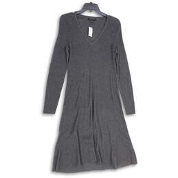 NWT Womens Gray Knitted V-Neck Long Sleeve Midi Sweater Dress Size Medium