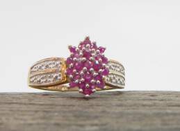 10K Yellow Gold Diamond Accent Ruby Cluster Ring 2.9g alternative image