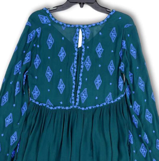 Womens Green Blue Embroidered V-Neck Long Sleeve Tunic Blouse Top Size XS image number 4