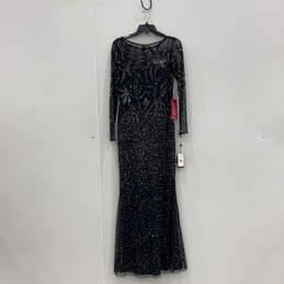 NWT Womens Blue Floral Mid Night Beaded Long Sleeve Sheer Gown Dress Sz 4