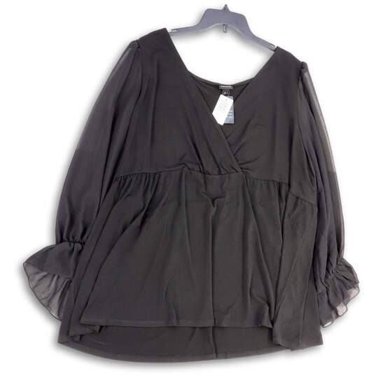 NWT Womens Black Surplice Neck Ruffle Bell Sleeve Blouse Top Size 6/6X/30 image number 1