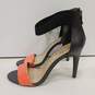 Womens Orange Black Patent Leather Zip Open Toe Stiletto Strappy Heels Size 7.5 image number 3