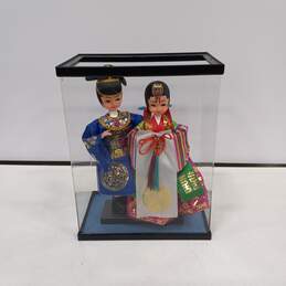 Vintage Korean Wedding Dolls On Stands Attached To Inside Of Plexiglass Box With No Lid