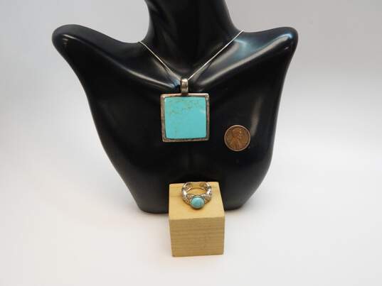 Artisan 925 Faux Turquoise Large Square Pendant Box Chain Necklace & Cabochon Braided & Scrolled Band Ring 19g image number 4