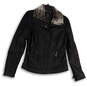 Womens Black Long Sleeve Spread Collar Pockets Full-Zip Biker Jacket Size S image number 1