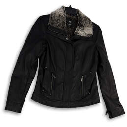Womens Black Long Sleeve Spread Collar Pockets Full-Zip Biker Jacket Size S