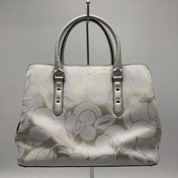 Womens White Leather Floral Inner Pockets Double Handle Satchel Bag