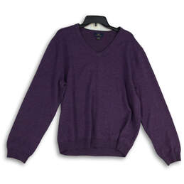 Mens Purple Knitted V-Neck Long Sleeve Pullover Sweater Size Large