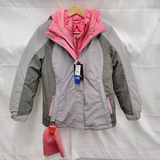 NWT Gerry's 3 in 1 Girls Youth Winter Hooded Grey & Pink Insulted Parka w Reversible Knit Pink Beanie  Size L 14-16 image number 1