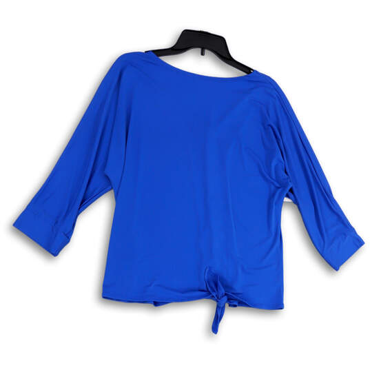 NWT Womens Blue V-Neck 3/4 Sleeve Knot Hem Button-Up Blouse Top Size Large image number 2