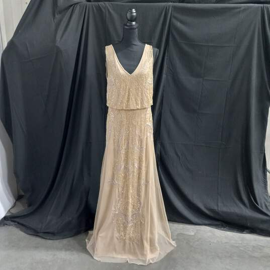 Women's Adrianna Papell Champagne Beaded Blouson Mermaid Gown Size 10M NWT image number 1