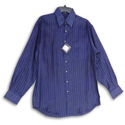 NWT Mens Blue Striped Spread Collar Long Sleeve Button-Up Shirt Size Medium