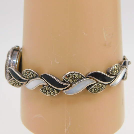 Romantic 925 Marcasite Faux Onyx & Mother of Pearl Shell Braided Watch Bracelet 28.4g image number 3