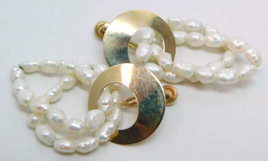 14K Gold White Pearls Beaded Loops Drop Cut Out Disc Screw Back Earrings 6.8g image number 4