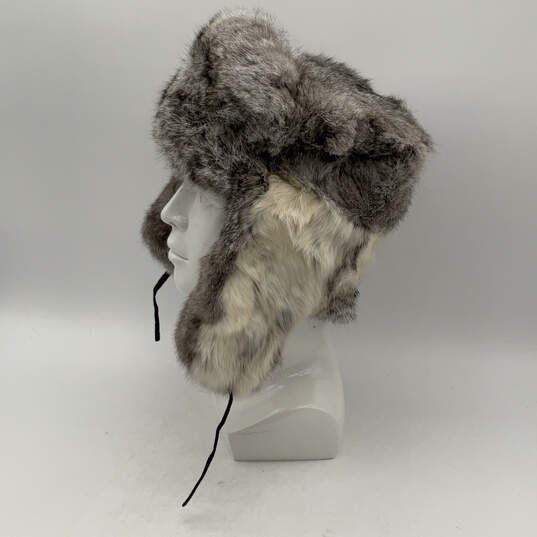 Mens Gray White Fur Lined Tie Fashionable Aviator Trapper Hat One Size image number 2