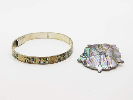 Vintage Taxco & Artisan 925 Abalone Abstract Flower Pendant Brooch & Shell & Enamel Inlay Etched Aztec Bar Linked Bracelet 25.5g image number 1
